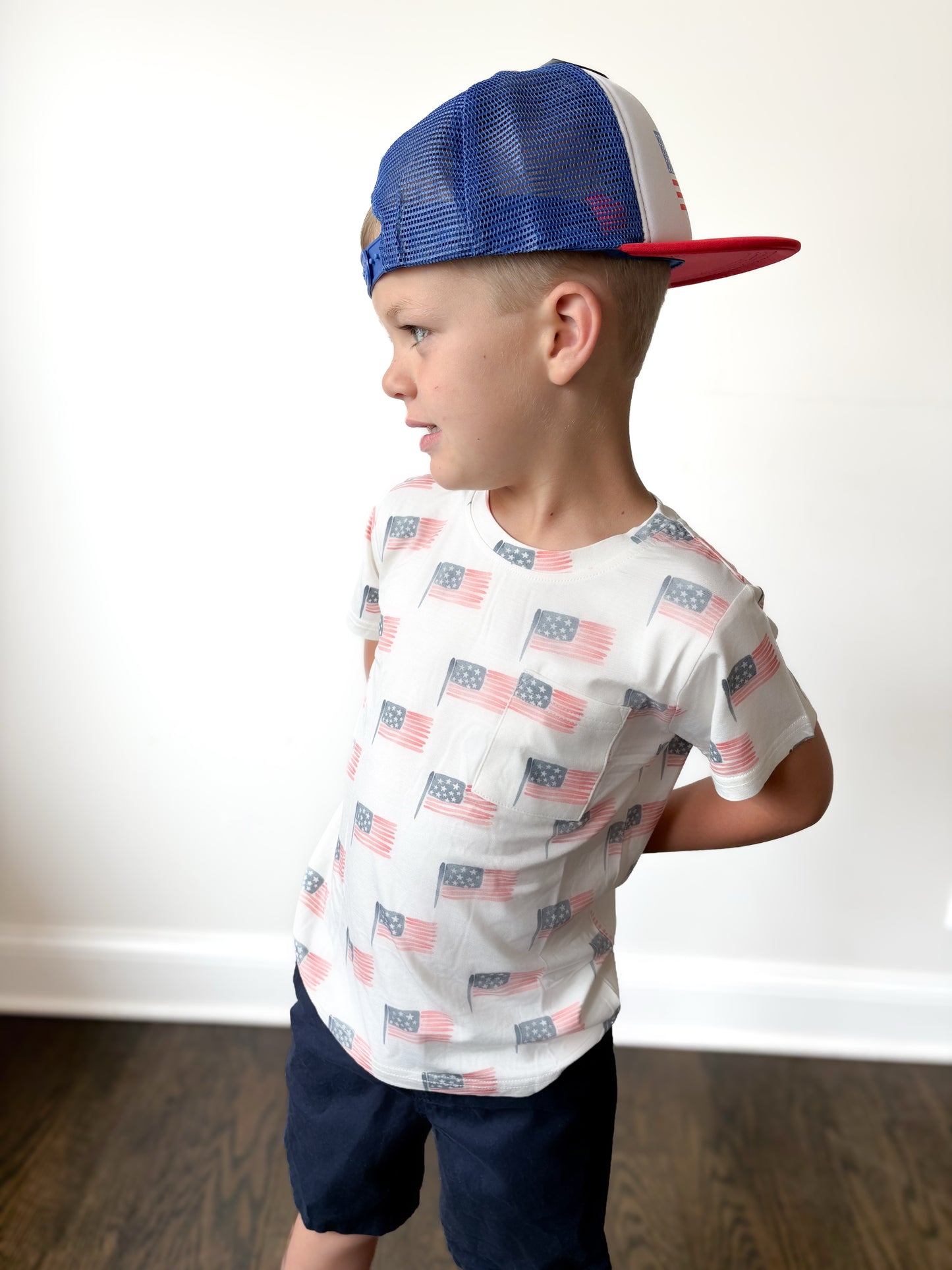 Flat Brim Trucker Hat- American Flag
