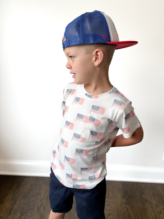 Flat Brim Trucker Hat- American Flag