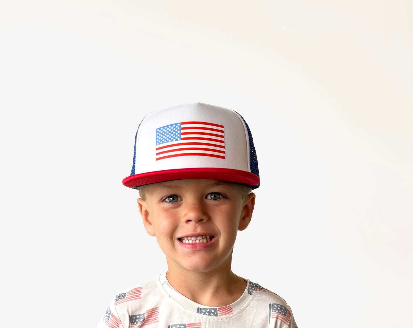 Flat Brim Trucker Hat- American Flag